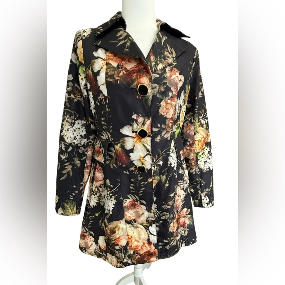 Dennis Basso Floral Print Coat XS Black Romantic Rose Jacket Statement Designer